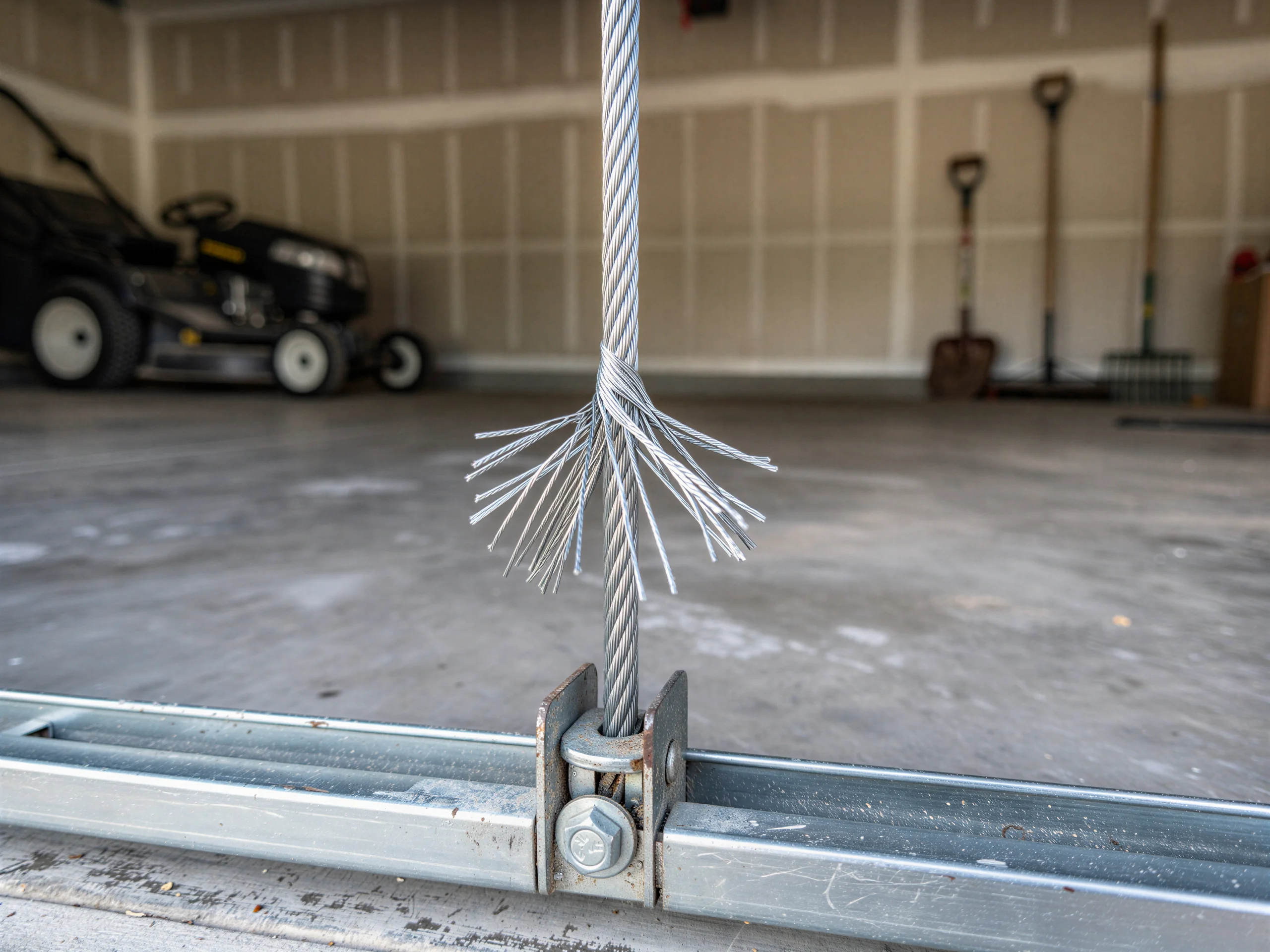 A frayed garage door cable is attached to a metal bracket.