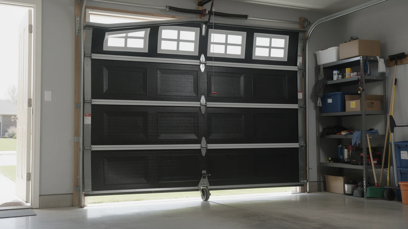 A black garage door with windows is partially open, revealing a garage interior.