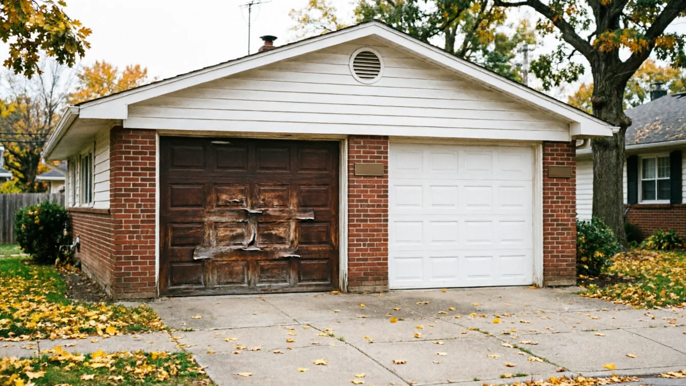 A two-car garage has one old, damaged brown door and one new white door.