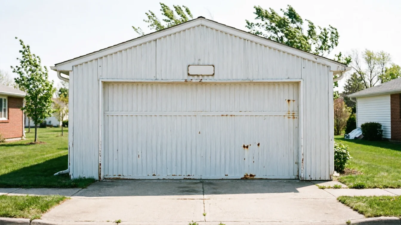 A white detached garage with a rusty door sits on a concrete driveway.