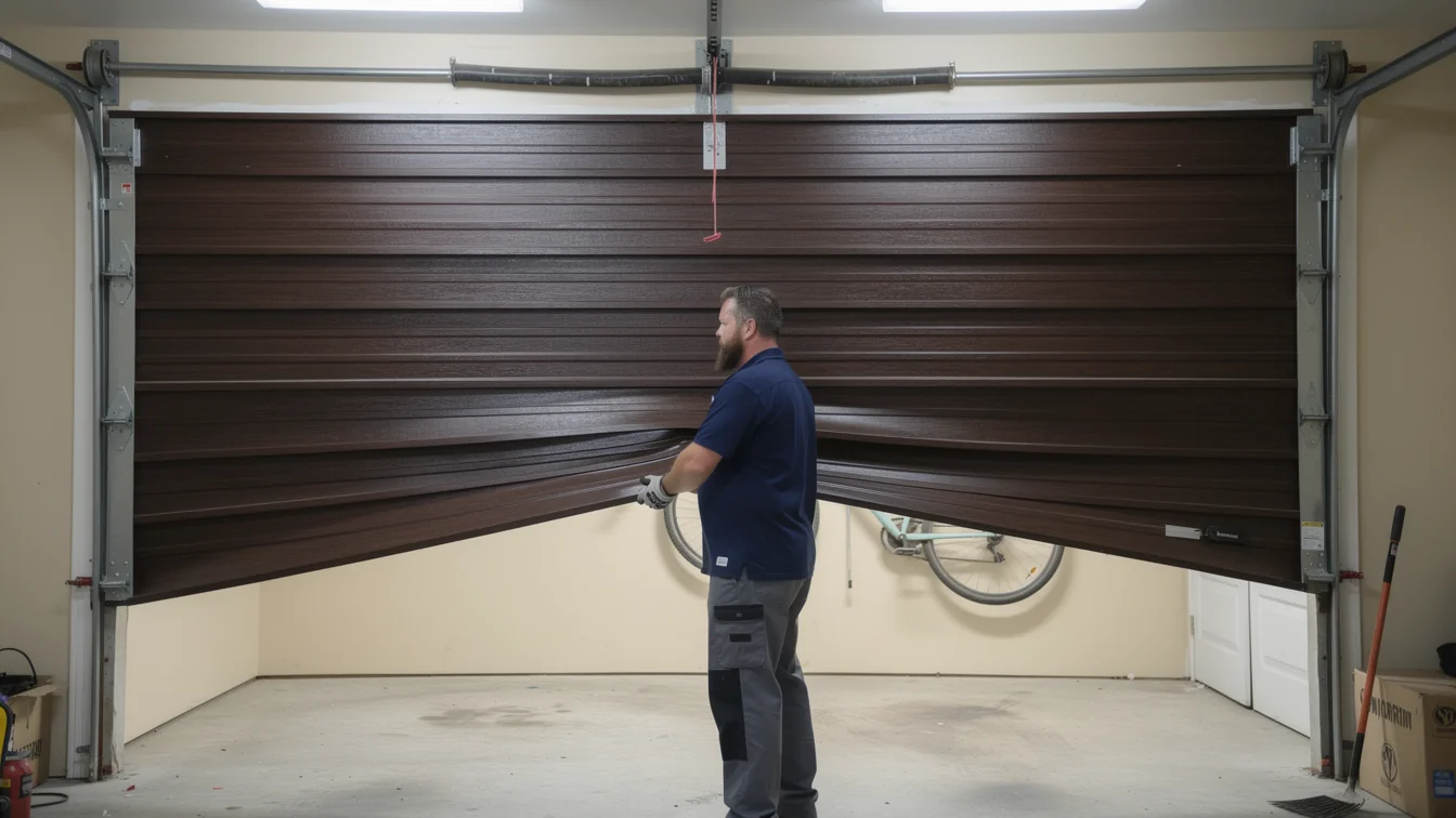 A technician holds a damaged brown garage door that is off its tracks.