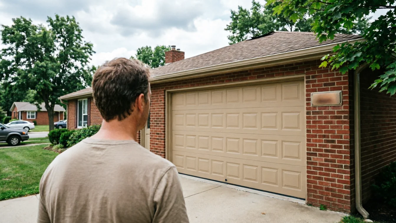 A man stands in front of a closed tan garage door on a brick house.