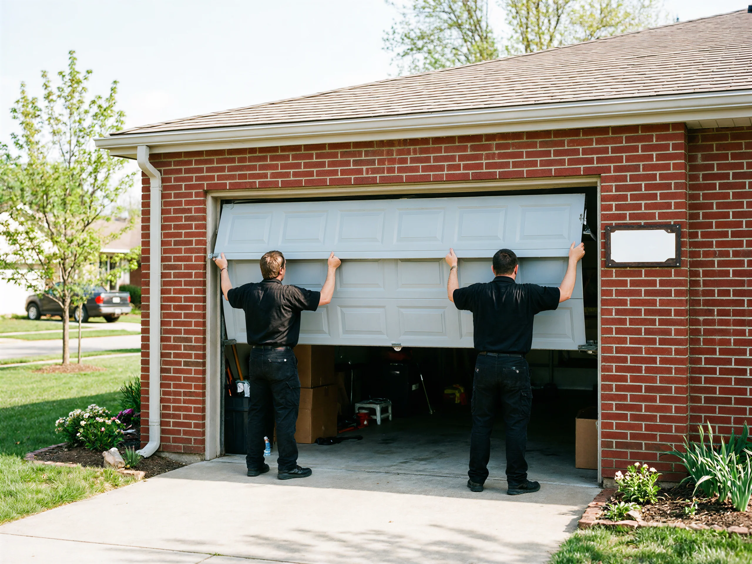 Two technicians are installing a light gray garage door on a brick house.