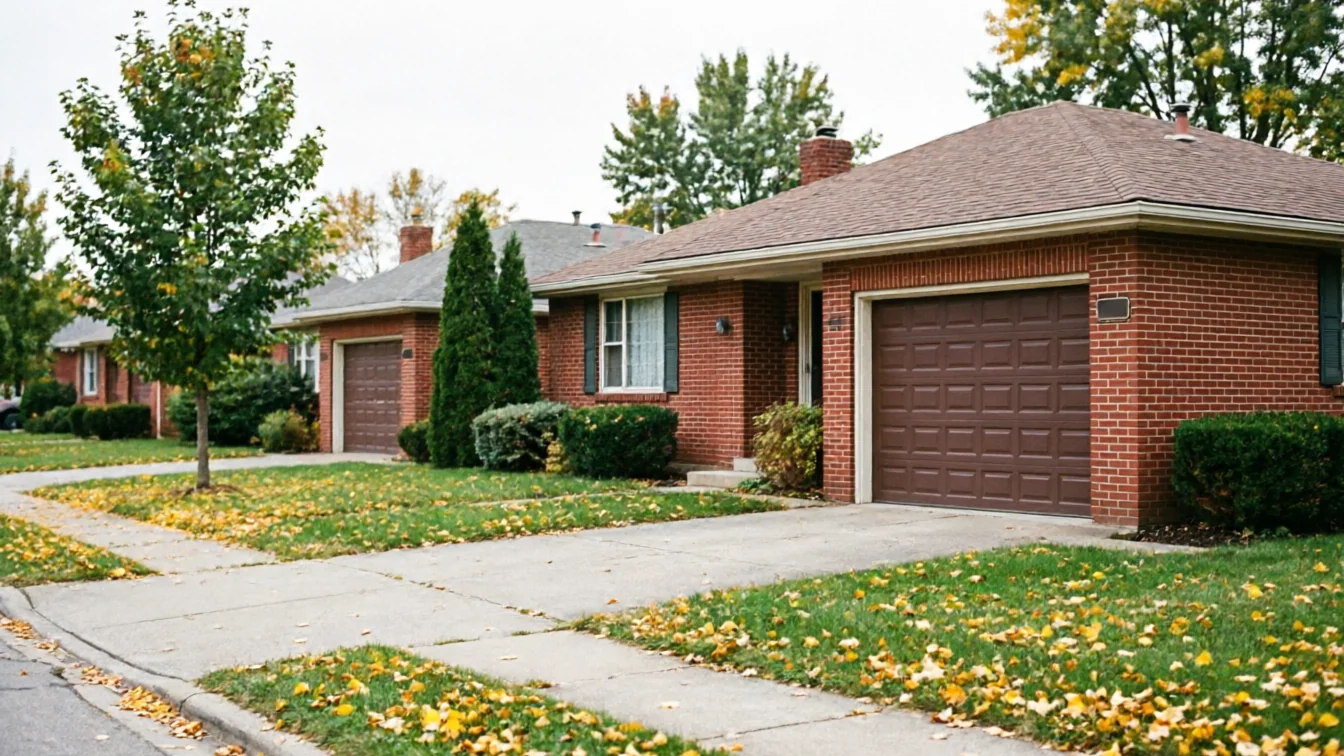 The house has a brown garage door, red brick, and green bushes.