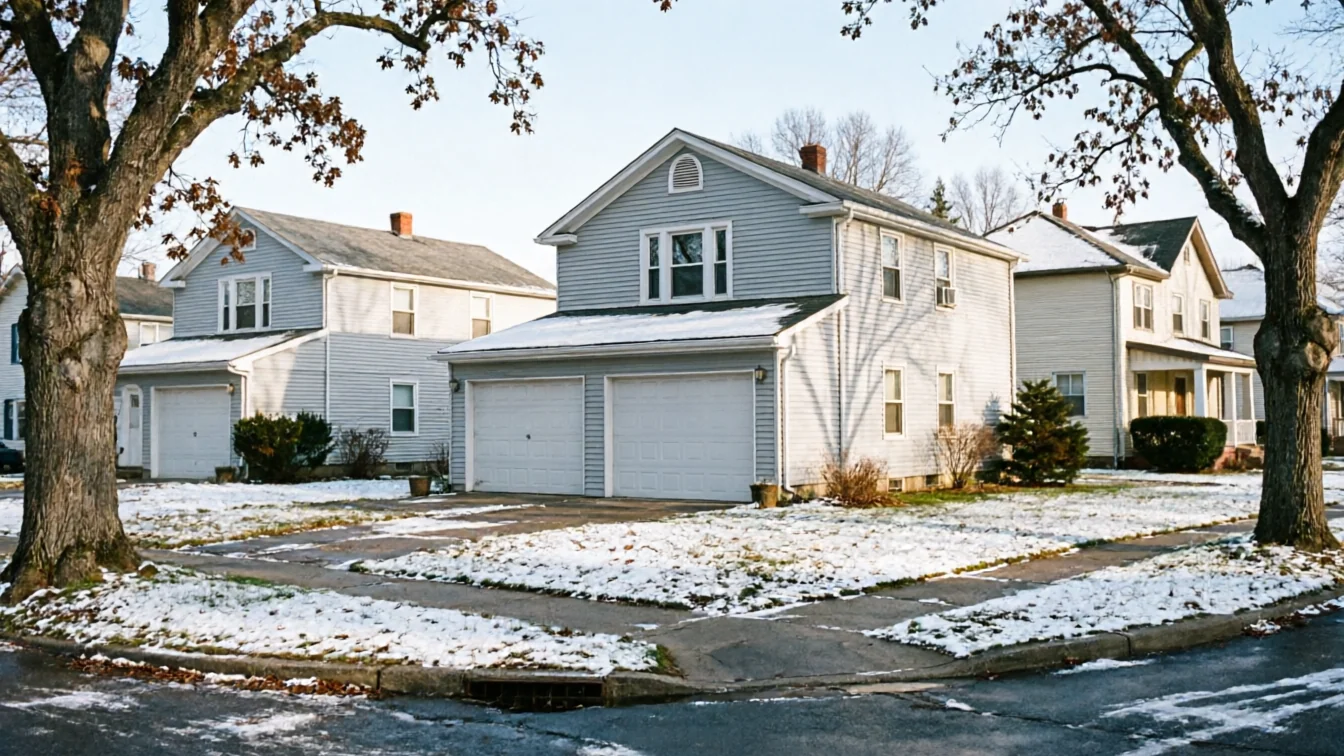 A light blue house with two white garage doors sits on a snowy corner lot.